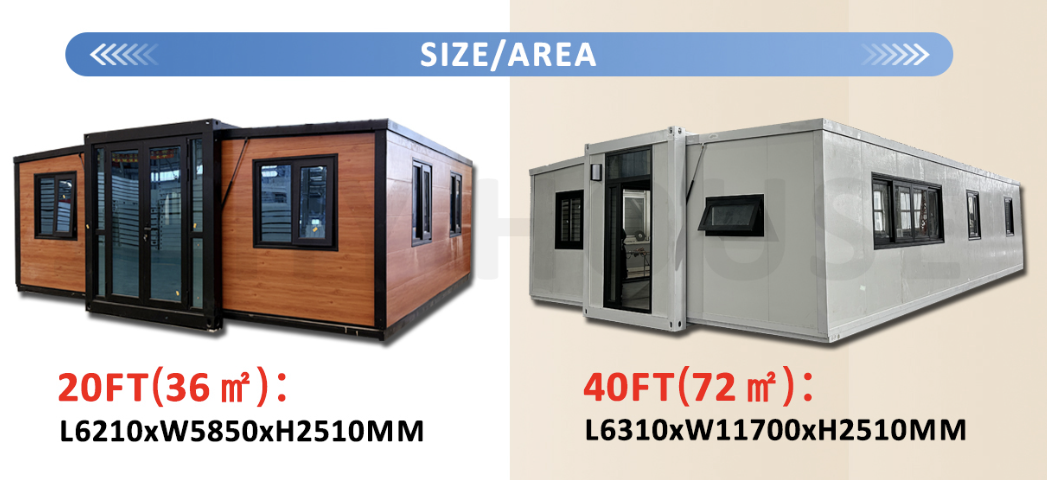 20ft vs 40ft Container Home Size Comparison A 20ft container home next to a 40ft container home to show scale