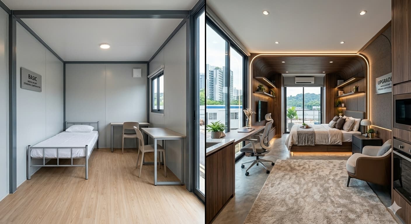 A side-by-side comparison of a basic and upgraded modular unit interior
