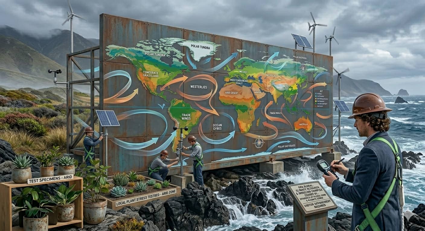 A map showing different climate zones and wind patterns