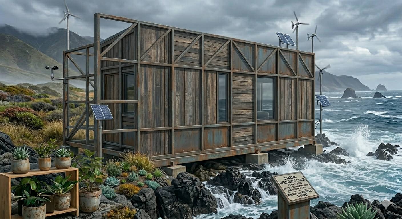 A prefab cabin on a rugged, windy coastline