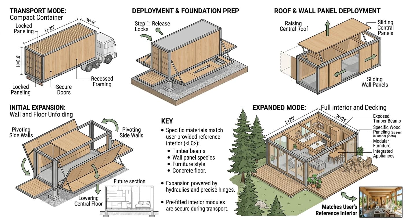 Diagram showing an expandable container house unfolding from transport mode to expanded mode