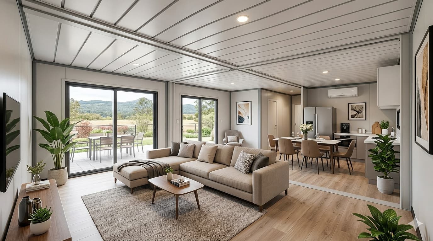 A well-furnished expandable modular home with clear zones for living and dining