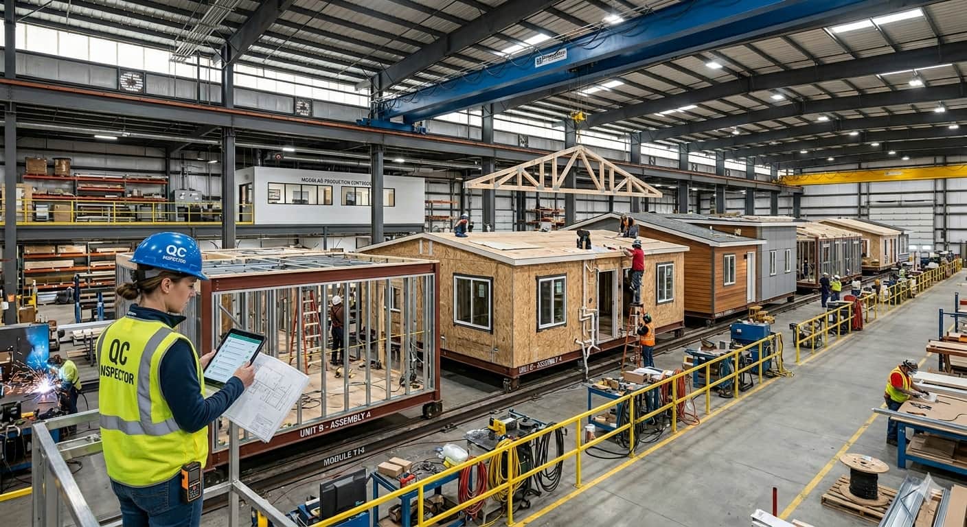 A quality control inspector checking a modular unit on the assembly line